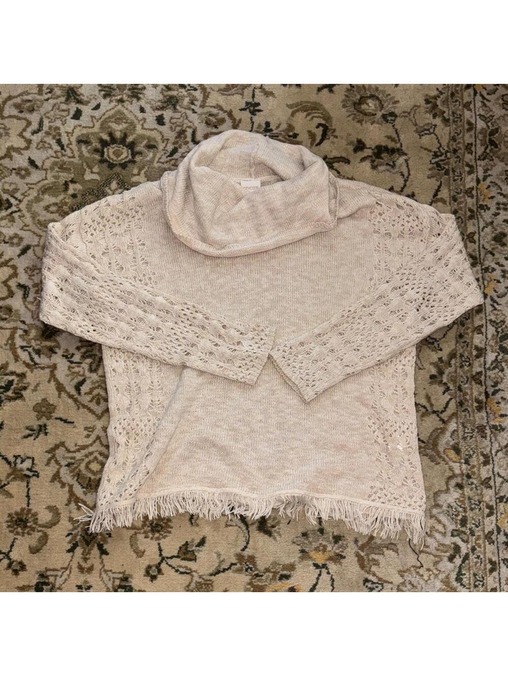 Chicos size 1 (8/10) Cowl Neck Lightweight Pointelle Crochet Sweater Minimal
